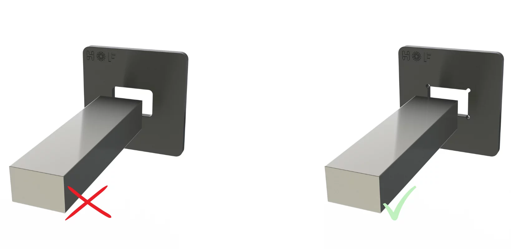 Eine CAD-Simulation ohne und eine mit Eckenverrundung