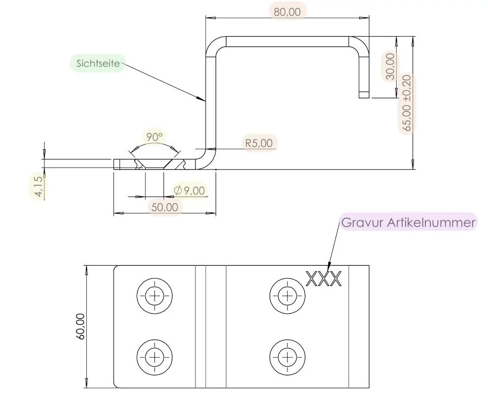 Technische Zeichnung eines Bauteils mit Anforderungen wie Gravur, Gewinde, Senkungen etc.