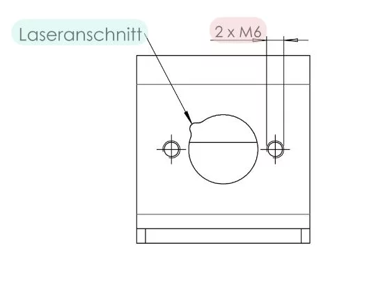 Technische Zeichnung eines Bauteils mit Anforderungen wie Gravur, Gewinde, Senkungen etc.
