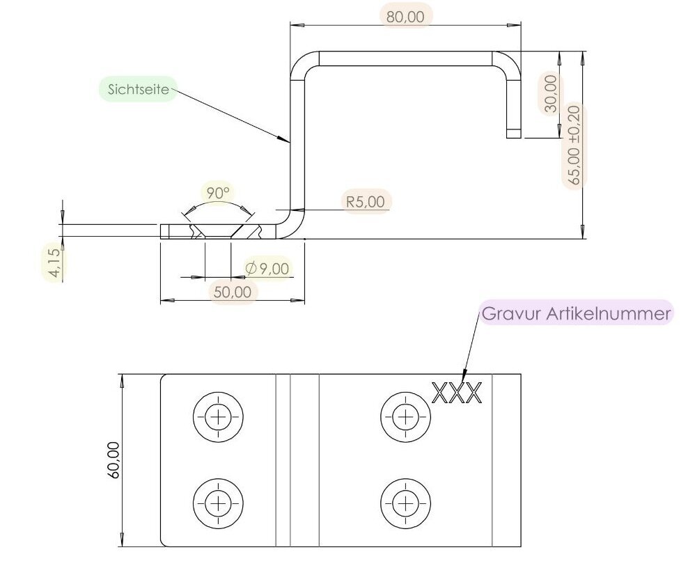 Technische Zeichnung eines Bauteils mit Anforderungen wie Gravur, Gewinde, Senkungen etc.