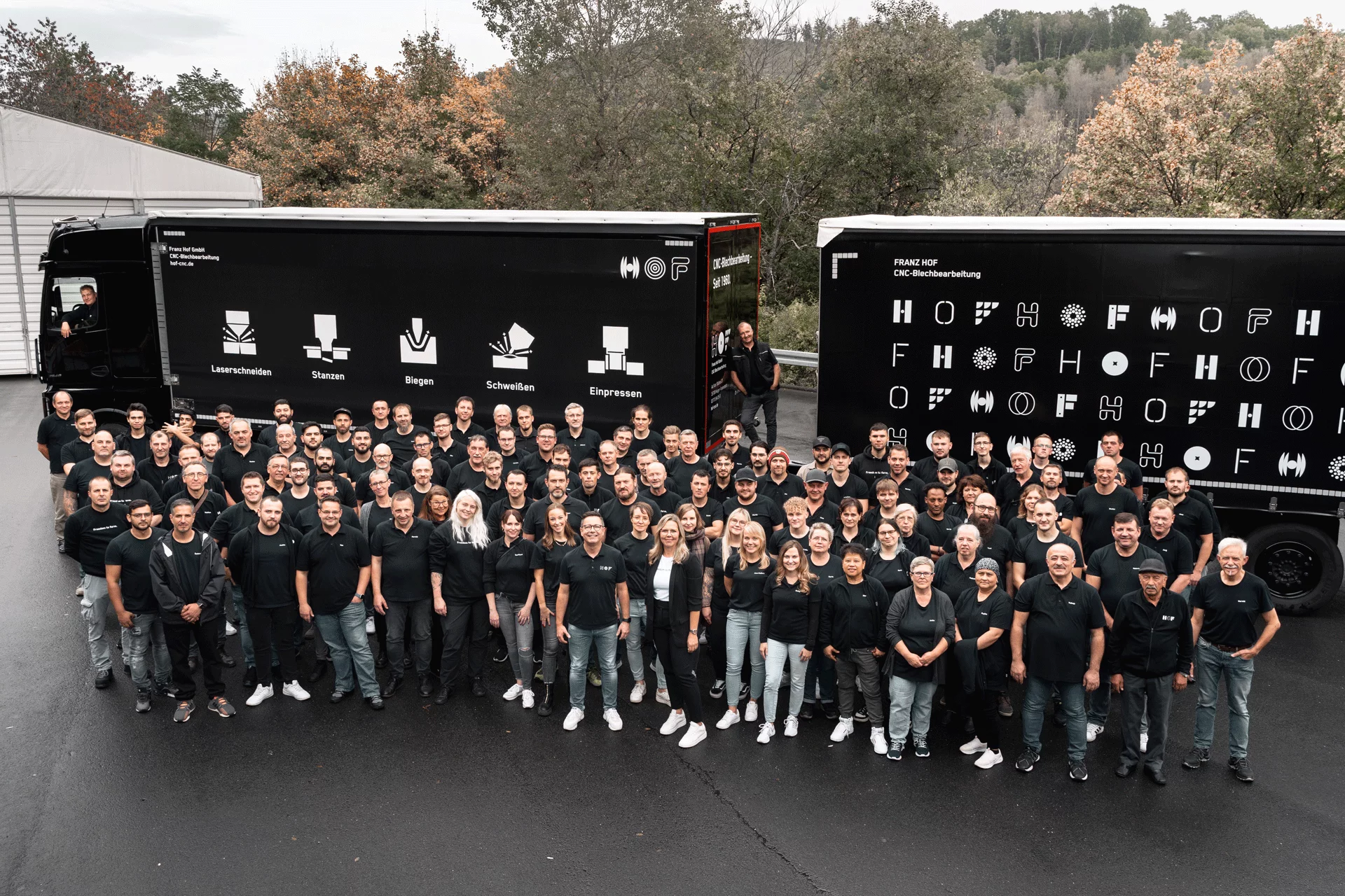 Circa 80 HOF-Mitarbeiter stehen auf dem HOF-Gelände und lächeln in die Kamera. Alle tragen ein schwarzes HOF-Shirt. Im Hintergrund ist ein LKW samt Anhänger geparkt. Die Plane ist ebenfalls im Corporate Design von HOF.