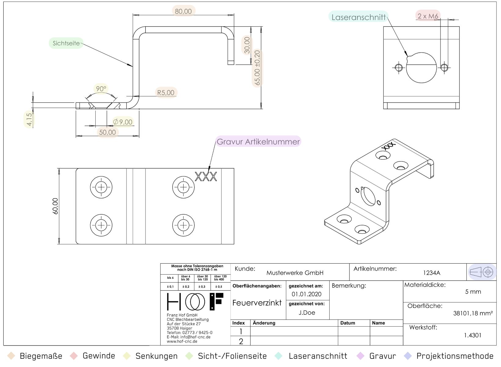Technische Zeichnung eines Bauteils mit Anforderungen wie Gravur, Gewinde, Senkungen etc.