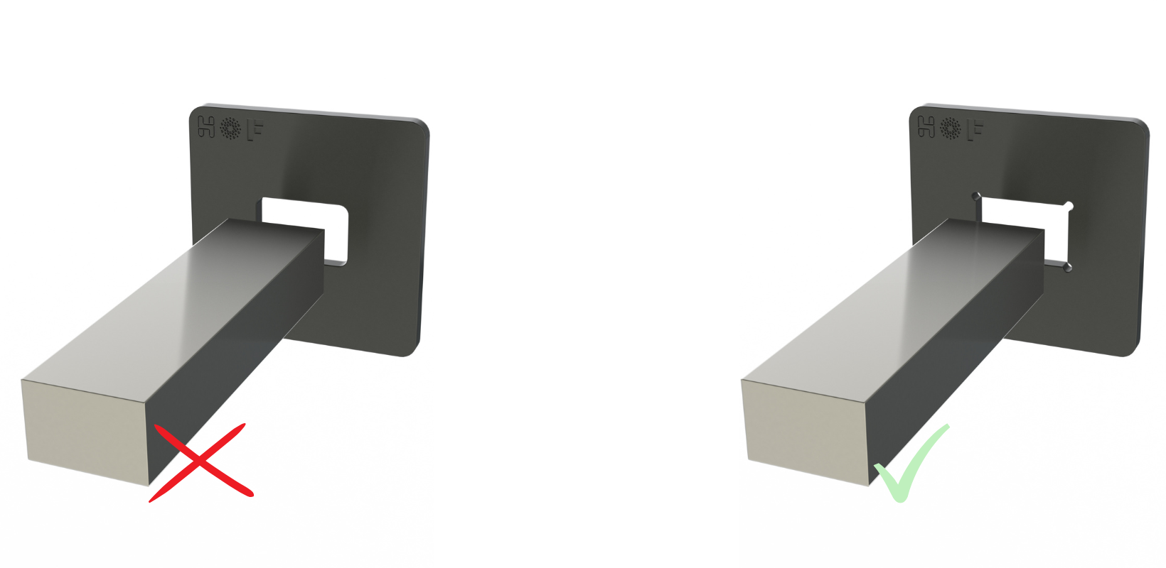 Eine CAD-Simulation ohne und eine mit Eckenverrundung