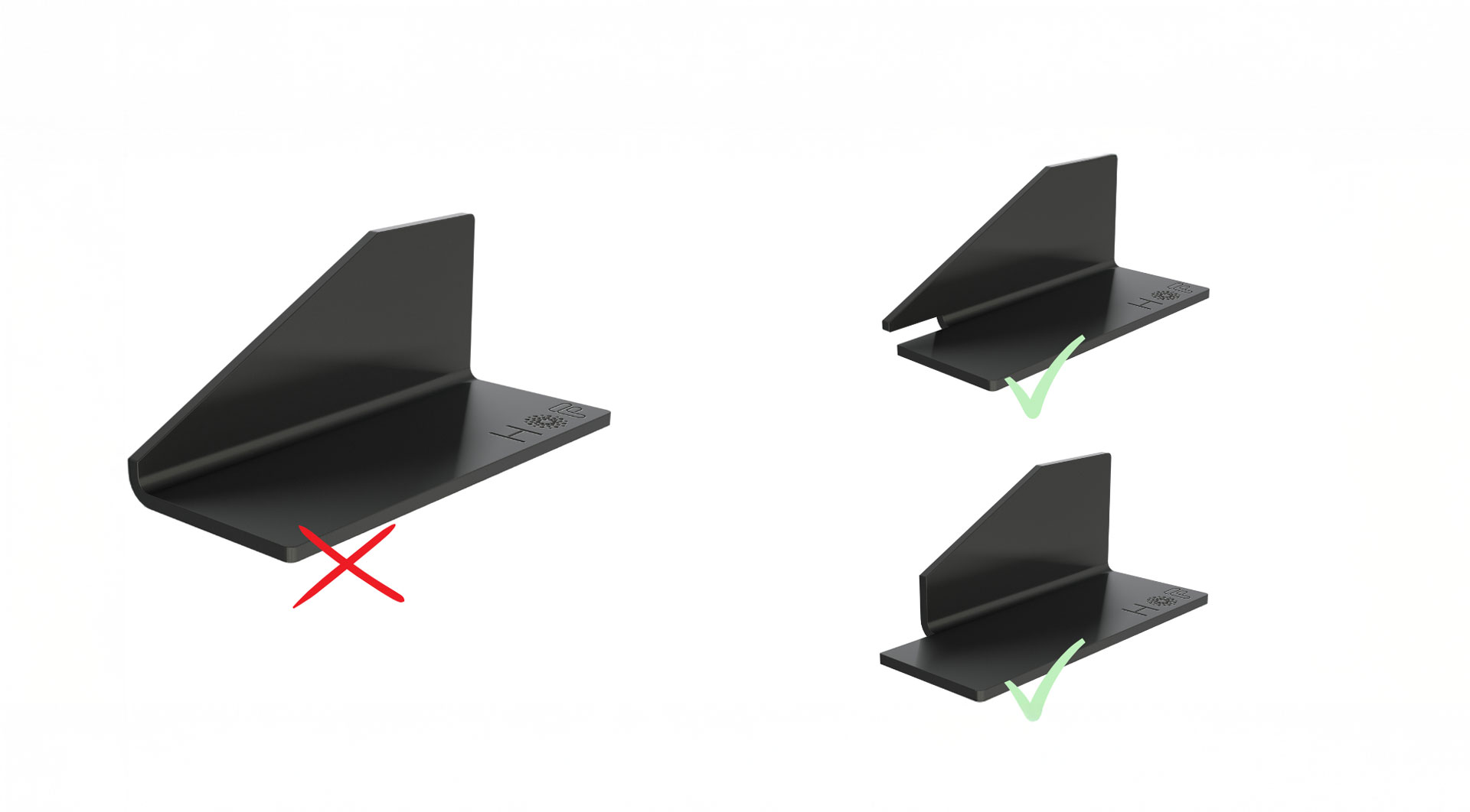 CAD-Simulation einer zulaufenden Kante. Daneben zwei Lösungsvorschläge zum Umgang mit der zulaufenden Kante.